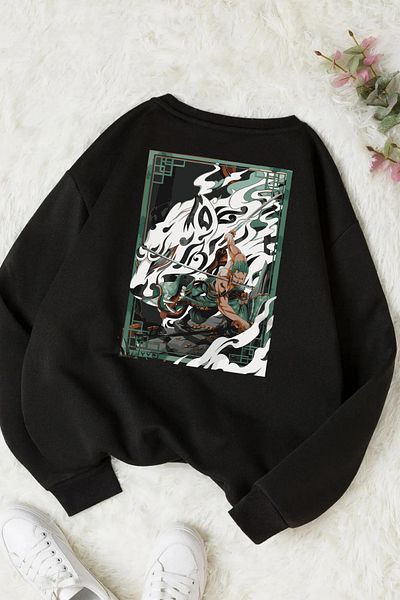 Massgai Hanorac oversize unisex cu imprimeu One Piece Roronoa Zoro - Hanorac cu gât crew