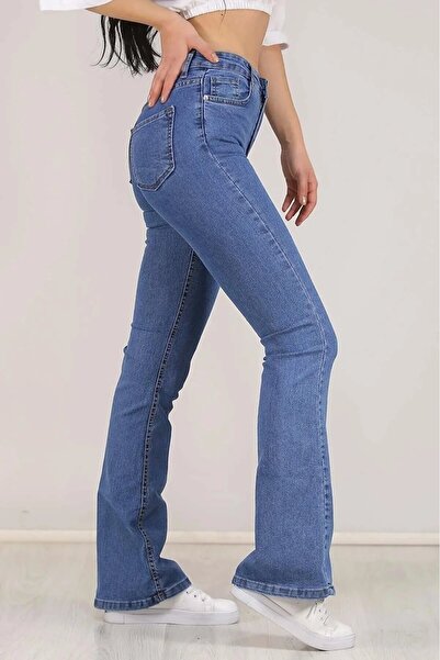 TugsatTasarTekstil نينو سوبر عالية الخصر الأزرق واسعة الساق مضيئة جان المرأة الدينيم السراويل