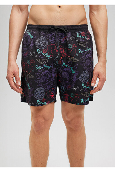 Mavi Rick And Morty Baskılı Siyah Deniz Şortu 0910911-70723