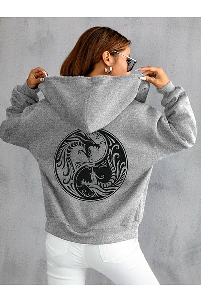 HOFFNUNG Yıng Yang Dragon Print - Hanorac cu glugă din cauciuc cu 3 fire cu fermoar