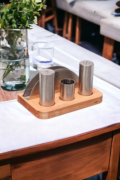 FİTHOME 4-Piece Cafe Restaurant Salt and Spice Holder Set with Wooden Stand Menage