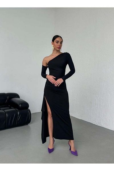 maf collection μαύρο βραδινό φόρεμα με μισό σχίσιμο στον ώμο