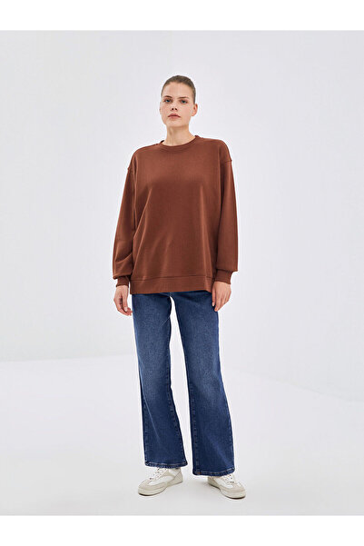LC Waikiki Γυναικείο χοντρό φούτερ LCW Modest Brown Crew Neck Oversize