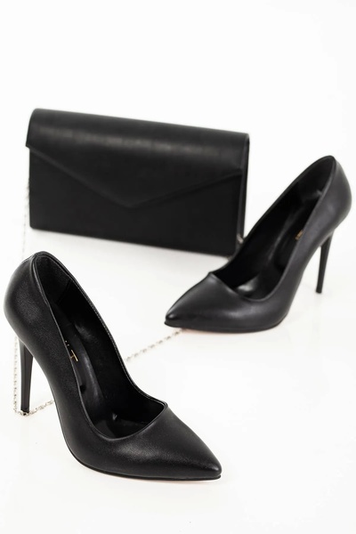 GULT طقم نسائي بكعب عالٍ رفيع وحقيبة جلد أسود