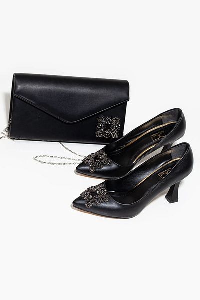 GULT Women's 7 cm Heeled Black Skin Stone Detailed Bag Combination Stiletto Set