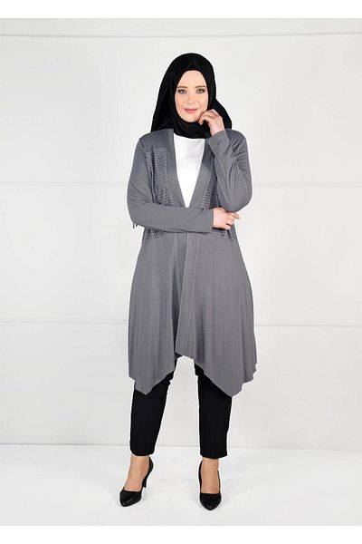 TRENDTESETTÜR Women's Gray Mesh Detailed Combed Cotton Tunic 2636