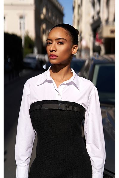 Quzu Rochie cămașă din tweed negru - cu accesoriu pentru centură