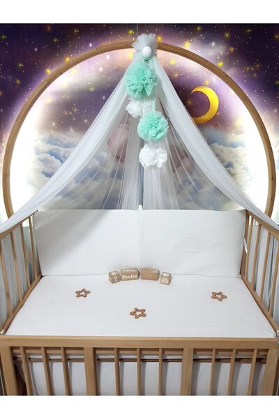 bebek_iklimi Bebek Lüks Cibinlik Takımı - Beyaz Ve Su Yeşili Dört Ponponlu - ...