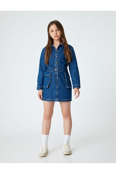 Koton Denim Dress Polo Neck Long Sleeve Flap Pocket Button Detail