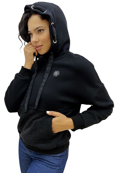 RICH GLAM Hanorac de damă din bumbac cu glugă din piatră de cristal fleece - buzunar, design negru cu trei fire