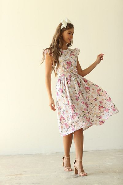 KÜÇÜĞÜM BUTİK Pink Poplin Dress - Butterfly Sleeve and Daisy Detail
