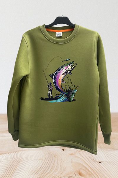 WİDİ Hunter HUNTING - Fishing Trout Printed, 100% βαμβακερό φούτερ με κανονική εφαρμογή με λαιμόκοψη