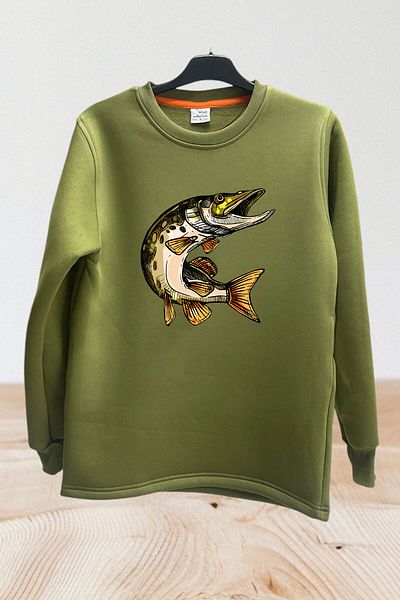 WİDİ Φούτερ Fishing Fishing Fish με στάμπα κανονικής εφαρμογής 100% βαμβάκι με κανονική εφαρμογή Crew λαιμόκοψη