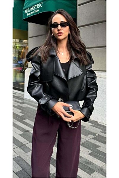 nekcollection γυναικείο δερμάτινο μπουφάν με μαύρη επένδυση