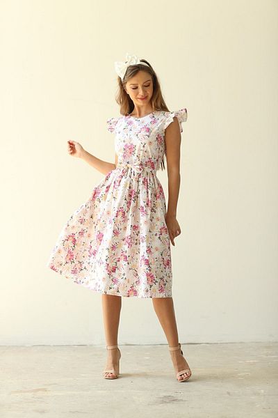 KÜÇÜĞÜM BUTİK Pink Poplin Dress - Butterfly Sleeve and Daisy Detail