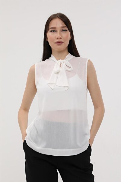 HomeStore Bluz Fiyonk Bağcıklı Dik Yaka Kolsuz - Ecru