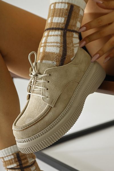 Limoya Laurina Beige Suede Lace-Up Women's Casual Shoes