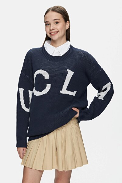 UCLA LIMAS Lacivert Bisiklet Yaka %100 Pamuk Jakarlı Oversize Kadın Triko