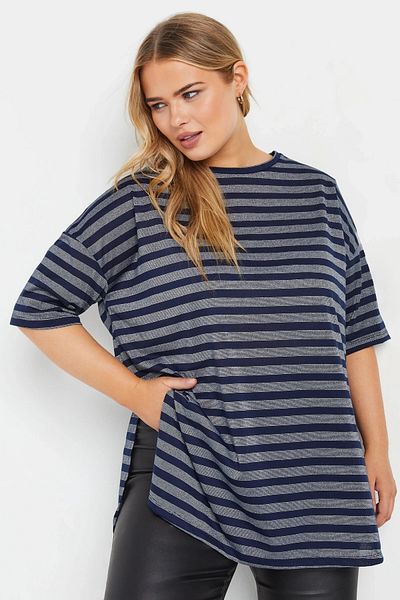 Stil Diva Large Size Crew Neck Short Sleeve Striped Side Slits T-Shirt 303611