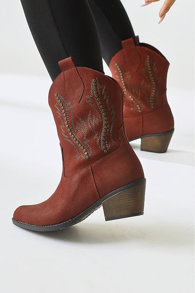 Limoya Fiza Claret Red Pointed Toe Κεντημένο με καρφιά Λεπτομερείς Western γυναικείες μπότες, γυναικείο μποτάκι