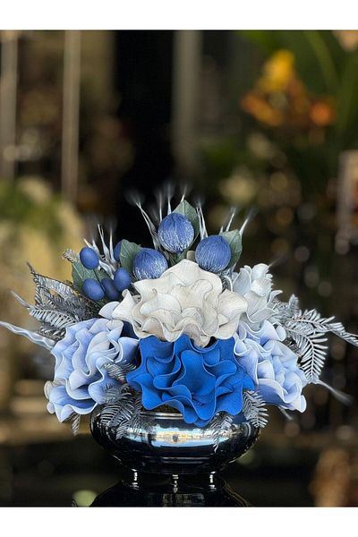 TASARIMHMODA Vază plată argintie cu aranjament de flori artificiale Nr.:26