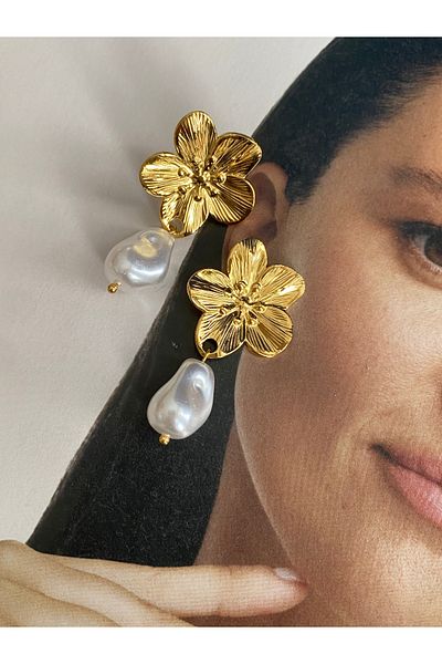 Pinery Jewels Stainless Steel Women's Earrings Pair with Leaf Dangle Pearls