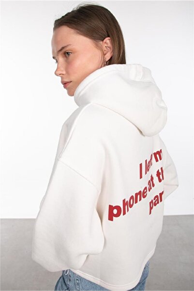 OIL PARK Women's Ecru 3 Thread Adjustable Waisted Raised Hooded Front Back Text Printed Sweatshirt