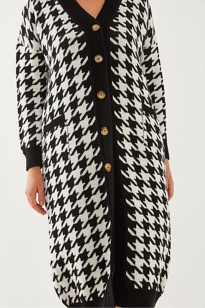 Bianco Lucci Women's Houndstooth Patterned V-Neck Long Cardigan 60651003