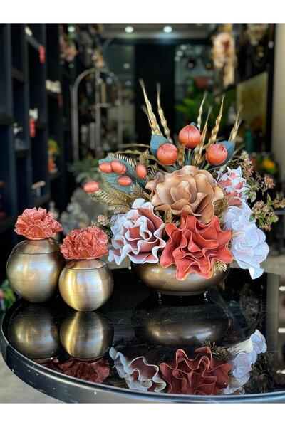 TASARIMHMODA Yapay Çiçekli Antik Yassı Vazo 3 Parça Set No:5