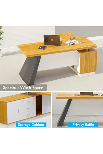 Mahmayi L-Shaped Executive Desk Office Desk With Lockable Drawers And Cabinet - Light Walnut