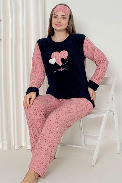 Wordex Fwn 5102 Plush Welsoft Fleece Winter Heart Embroidered Plus Size Women's Pajamas Set