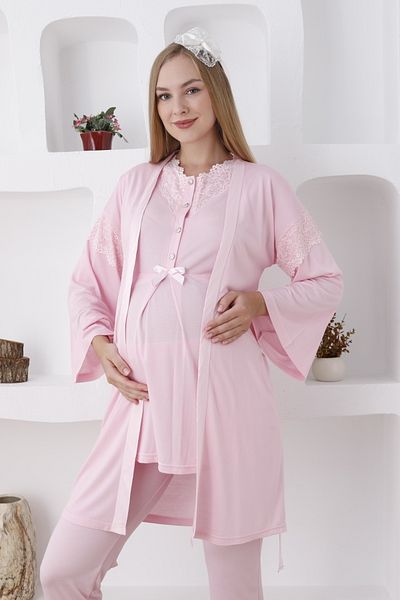 ERDENİZ TEKSTİL Maternity Clothing / Buttoned and Long Sleeve Pajamas and Dressing Gown Set - Slippers and Crown Gift