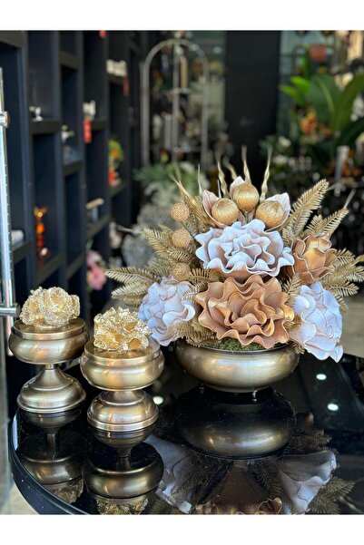 TASARIMHMODA Yapay Çiçekli Antik Yassı Vazo 3 Parça Set No:2