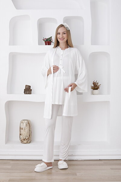 ERDENİZ TEKSTİL Maternity Clothing / Buttoned and Long Sleeve Pajamas and Dressing Gown Set - Slippers and Crown Gift