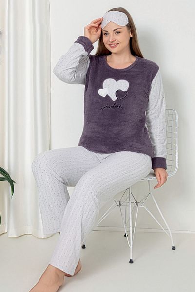 Wordex Fwn 5102 Plush Welsoft Fleece Winter Heart Embroidered Plus Size Women's Pajamas Set