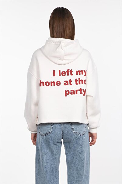 OIL PARK Women's Ecru 3 Thread Adjustable Waisted Raised Hooded Front Back Text Printed Sweatshirt