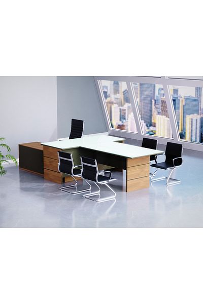 Mahmayi Natural Dijon Walnut + Grey GED-5 Glass Executive Desk 320 cm