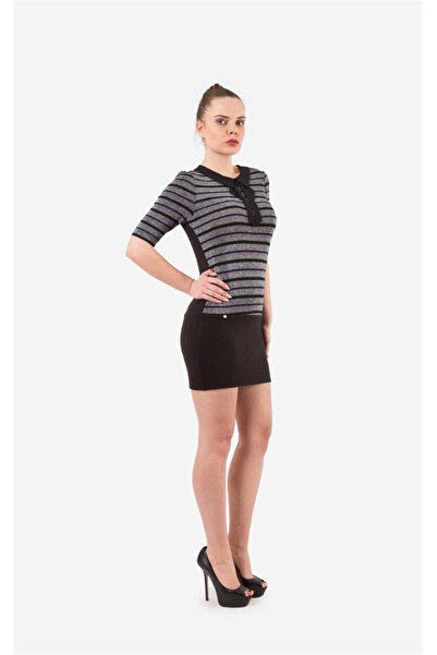 HomeStore Elbise Yakası Fiyonk Detay Simli Şeritli ½ Kol Ense Tek Düğme - Siyah