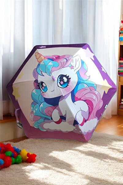 Marlux 6 Fiber Telli Kız Çocuk Şemsiye Renkli Unicorn Desenli Rüzgara Dayanık...