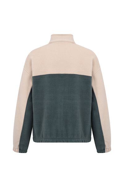 Eazy Co Hanorac unisex din lână - bej kaki, jumătate de fermoar, detaliu cu logo-ul din cauciuc, buzunar dublu, țesătură polar