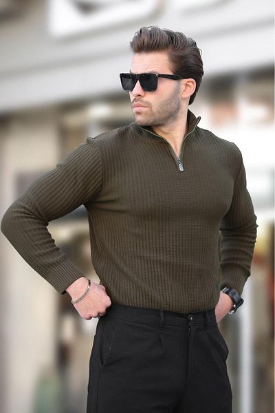 Madmext Khaki Polo Collar Zipper Detailed Long Sleeve Men's Sweater 7282