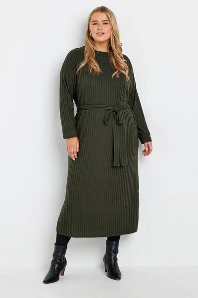 Stil Diva Plus Size Belted Straight Cut Ribbed Long Sleeve Unlined Midi Dress 322196