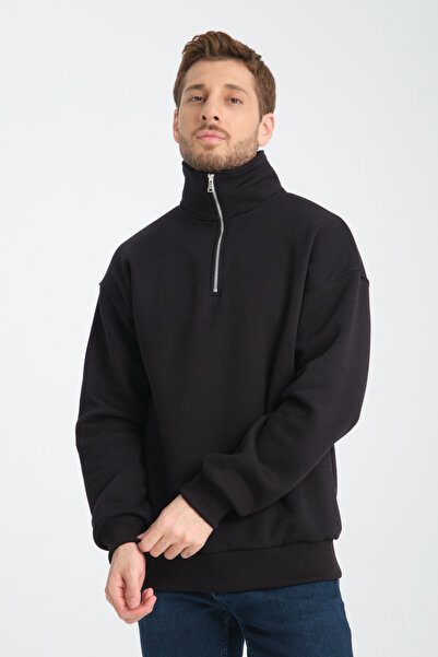 Store Чоловічий чорний UNISEX OVERSIZE БАВОВНЯНИЙ ВНУТРІШНІЙ ФЛІСОВИЙ ВОЛЬФЕРМОВИЙ СТОЯЧИЙ КОМИР ПІВЗАСТІБКА SWEAT