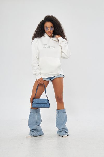 The Champ Clothing Голям бял суитшърт с качулка и полар с щампа от сочен камък отвътре