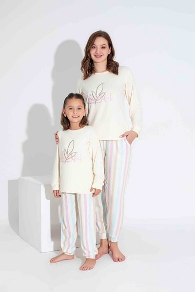 İYİBU Tarik Mother and Daughter Thermal Pajamas Set - Ecru and Colorful Striped, Sold Separately