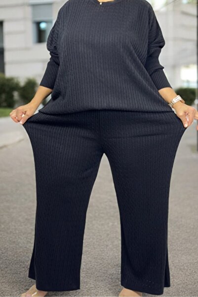 yagmurberen Hair Knitted Patterned Low Sleeve Tunic Waist Elastic Pants Extra Large Size Autumn Winter Knitwear Set