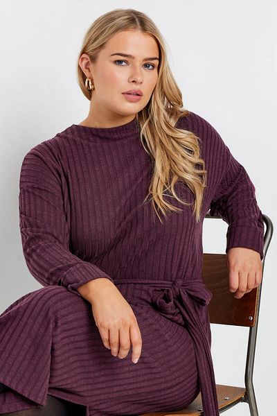 Stil Diva Plus Size Belted Straight Cut Ribbed Long Sleeve Unlined Midi Dress 322195