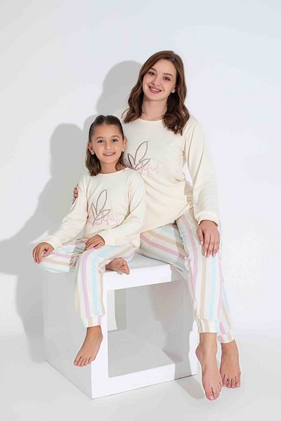 İYİBU Tarik Mother and Daughter Thermal Pajamas Set - Ecru and Colorful Striped, Sold Separately