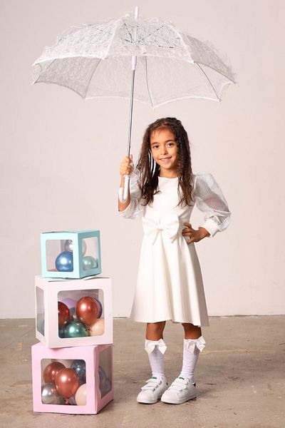 KÜÇÜĞÜM BUTİK White Mesh Sleeves Flared Girl's Dress