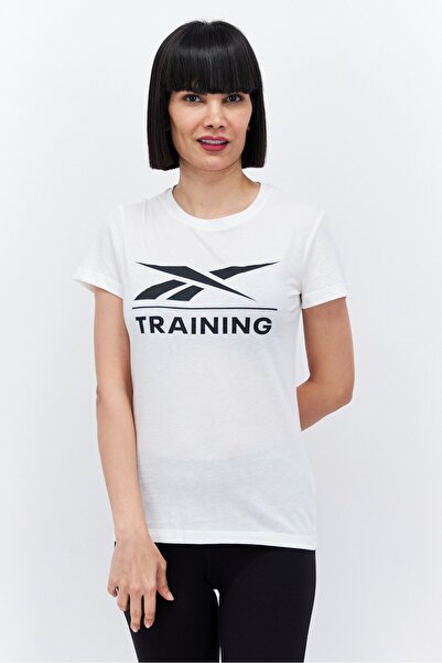 Reebok تي شيرت رياضي نسائي بأكمام قصيرة للتدريب، أبيض